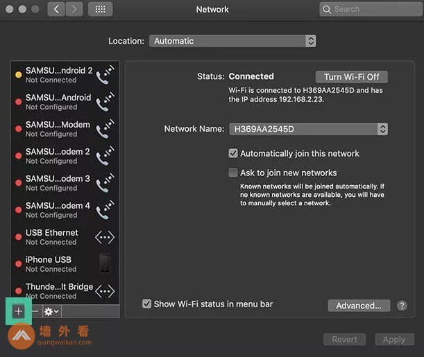 在MacOS网络设置中点击添加VPN图标