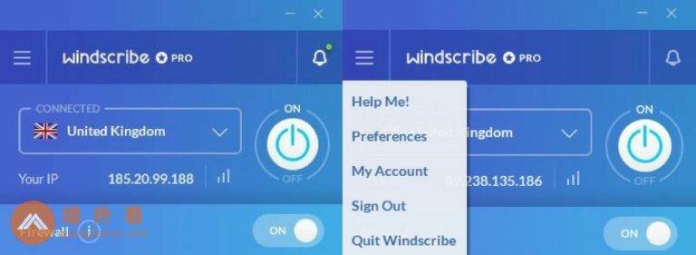 Windscribe连接的屏幕和菜单